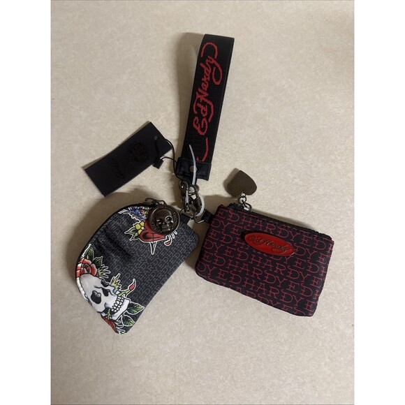 Ed Hardy Handbags - NWT Ed Hardy Double Pouch Wristlet - Skull & Hearts On Black With Logo